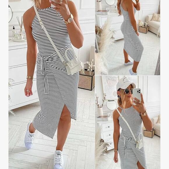 NOLLSOM Dresses & Skirts - NOLLSOM Women XL Dress Sleeveless Striped Tank Midi Wrap Casual Cotton Stretch